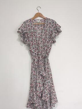 Max Studio White Maxi Wrap Dress with Red Floral Print